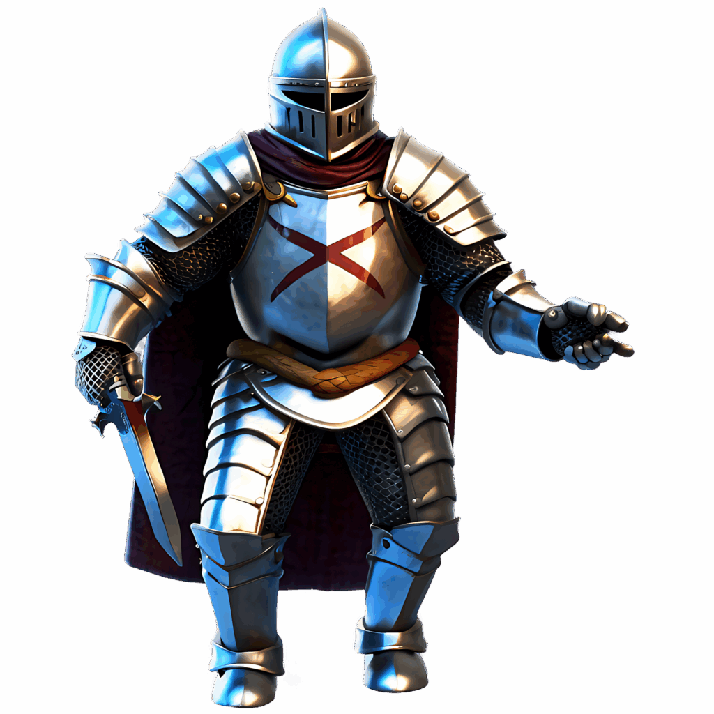 Fully armored knight with red cross charging forward sword shining helmet glowing blue light wallpaper