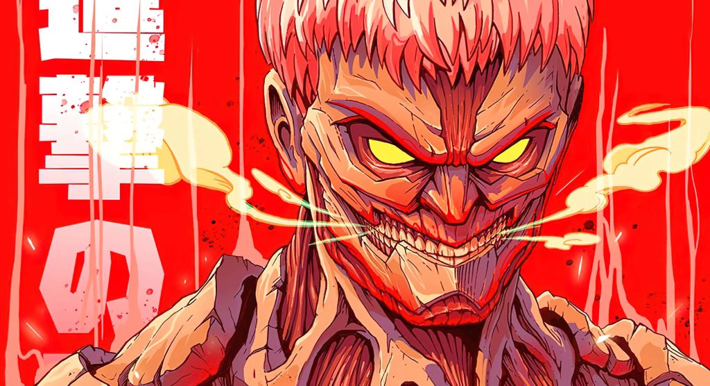 Armored Titan Reiner Braun intense anime wallpaper glowing eyes skinless form red background