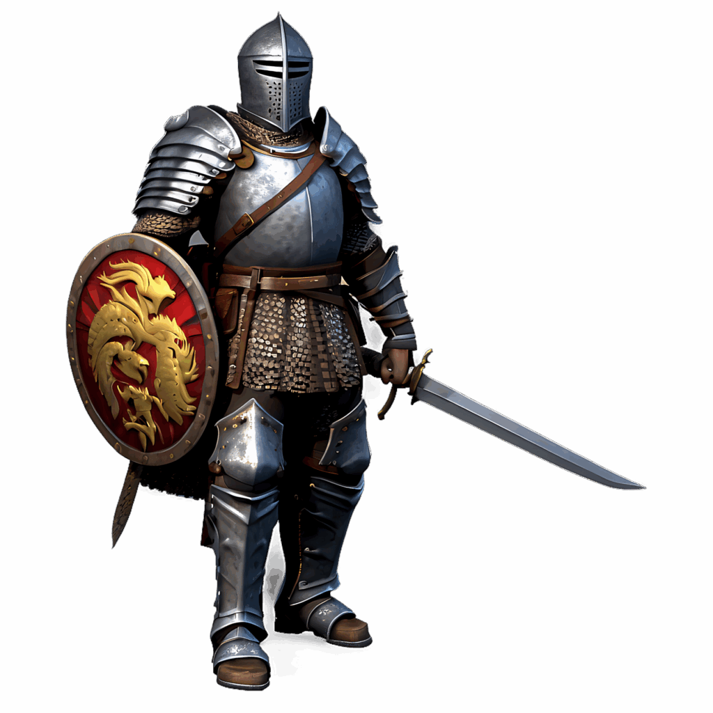 Armored medieval warrior knight with shining sword and golden dragon shield ready for battle Wallpaper