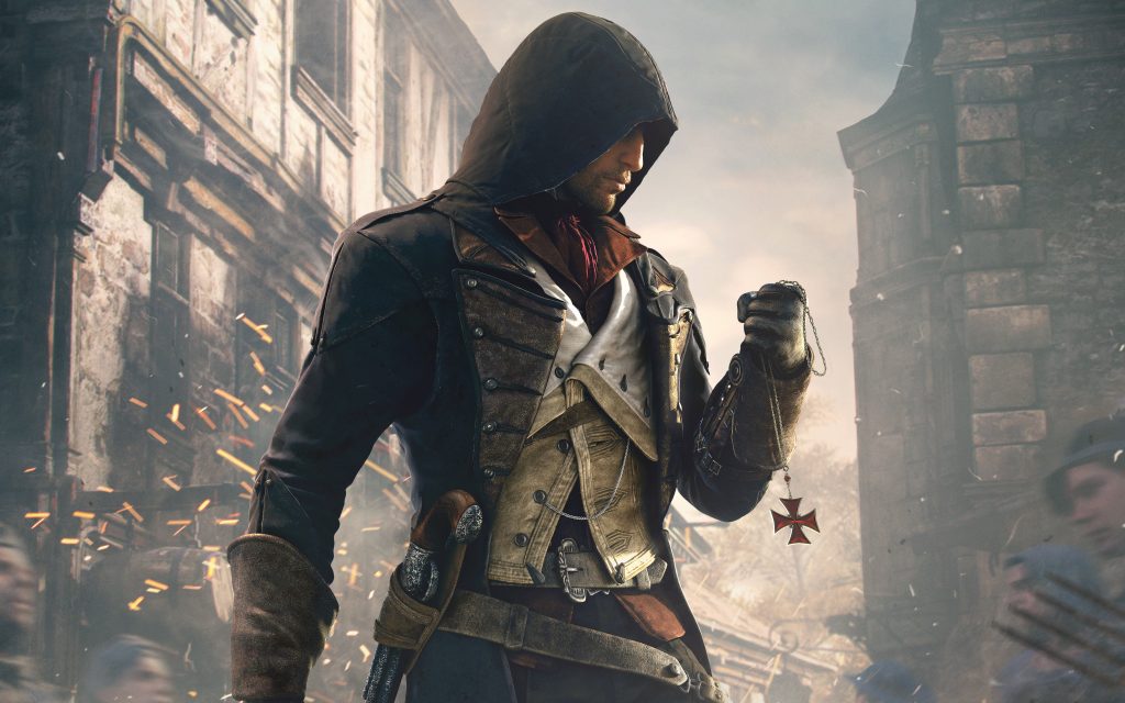 Arno Dorian Assassin's Creed Unity 4K gaming wallpaper gritty Paris hooded Assassin red pendant