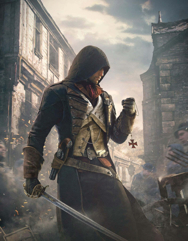 Arno Dorian from Assassin's Creed Unity stands in misty war-torn street with sword drawn wallpaper