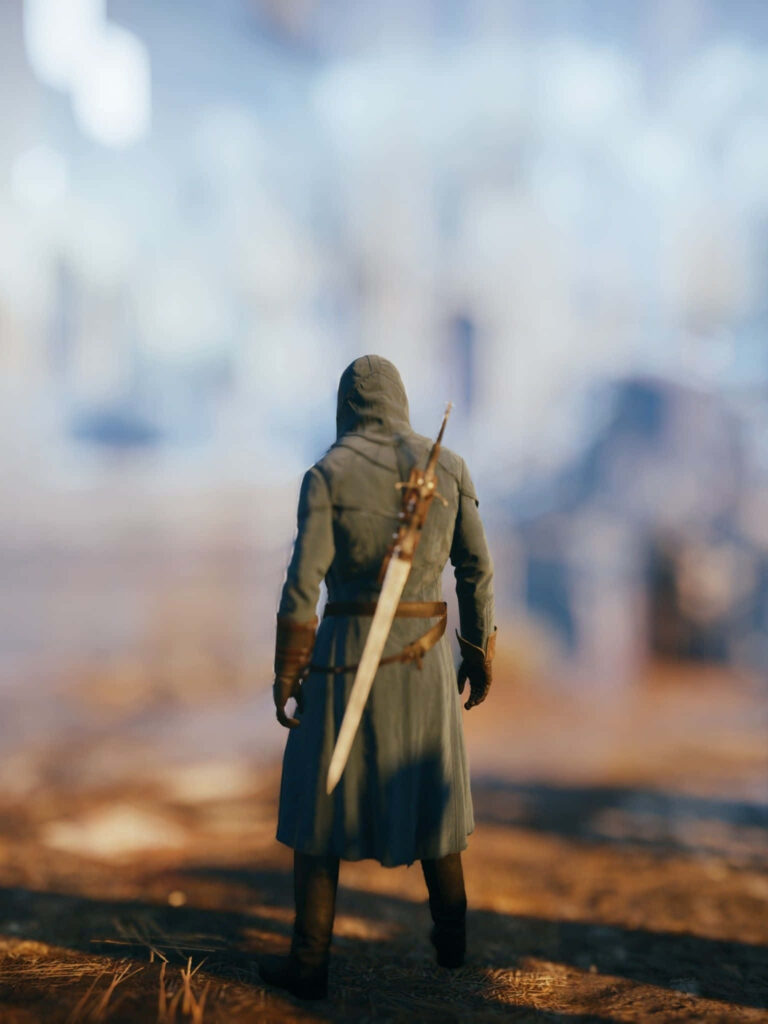 Arno Dorian in assassin robe holding sword looking away dark atmospheric wallpaper background