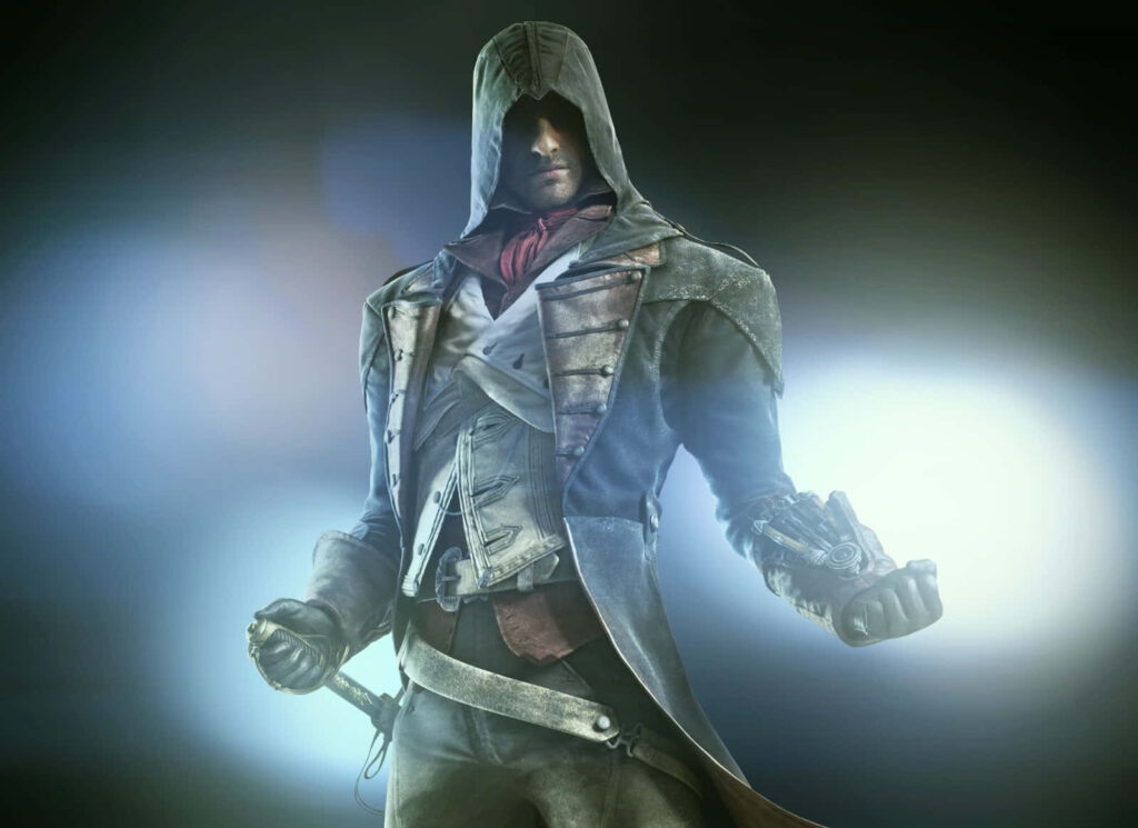 Arno Dorian in iconic assassin attire ready for battle dynamic action adventure wallpaper background