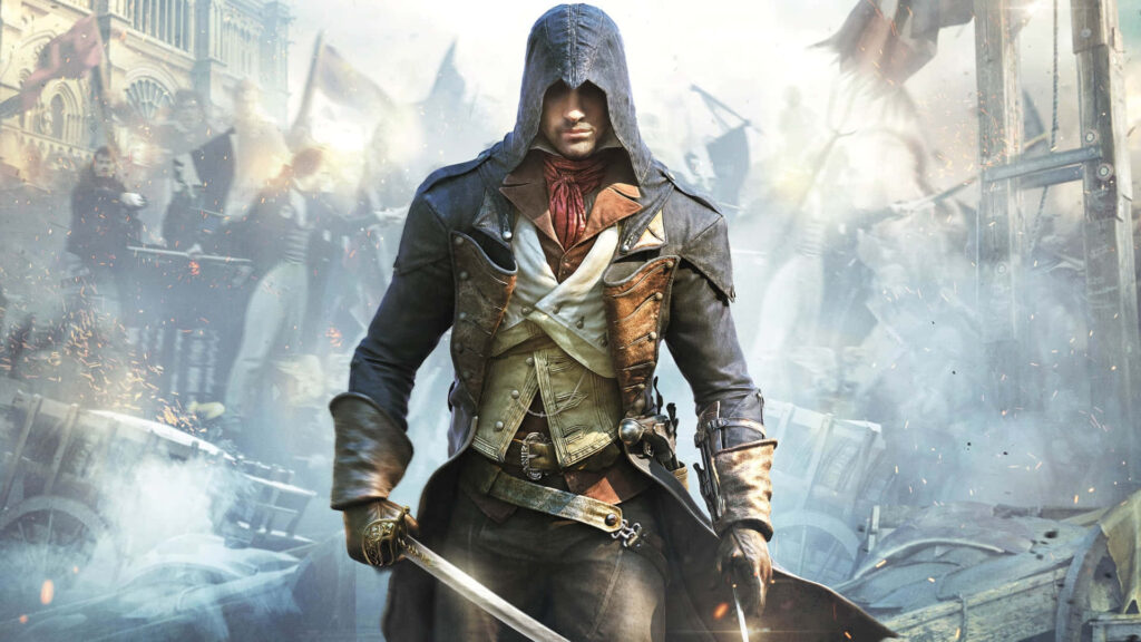 Arno Dorian in Assassin attire overlooking chaotic historical Paris revolution cityscape wallpaper background