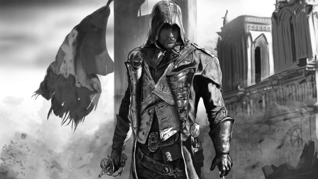 Arno Dorian in iconic assassin outfit standing in revolutionary Paris wallpaper background