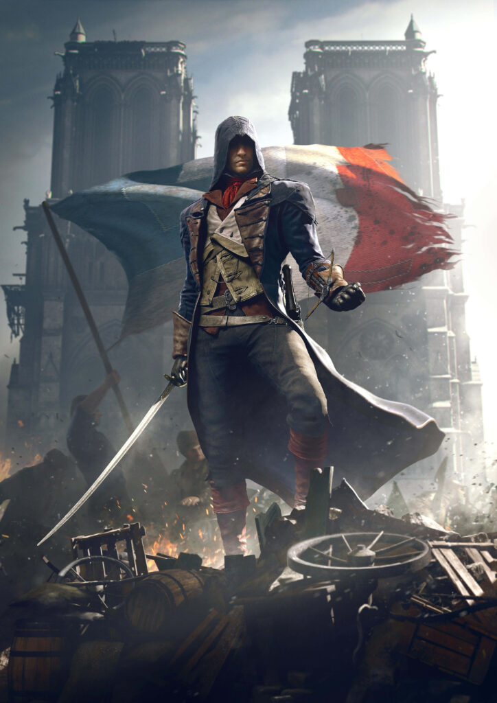 Arno Dorian in revolutionary attire with sword standing before Notre Dame Paris assassin wallpaper