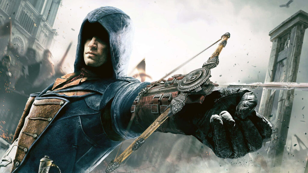 Arno Dorian poised with hidden blade and bow in revolutionary backdrop assassin wallpaper