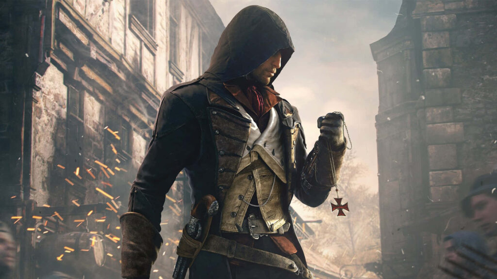 Arno Dorian Assassin's Creed Unity in hooded outfit holding Templar cross on city street background Wallpaper