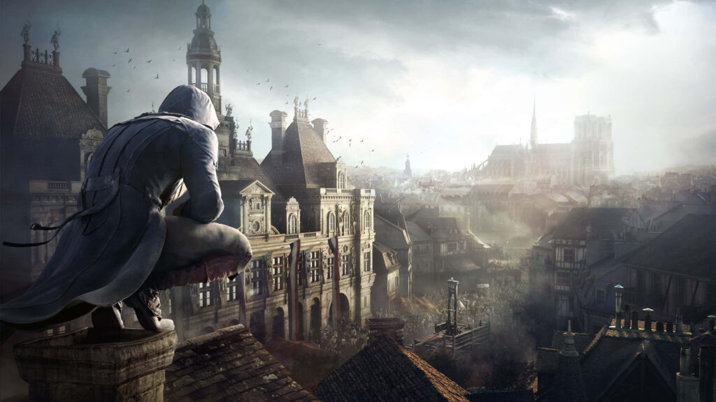 Arno Dorian from Assassin's Creed Unity perched on Paris rooftops ready for action wallpaper