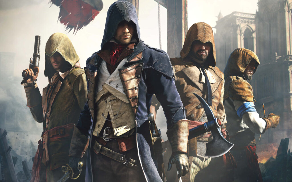 Arno Dorian Assassin’s Creed Unity rooftop with hooded outfit and revolutionary Paris background Wallpaper