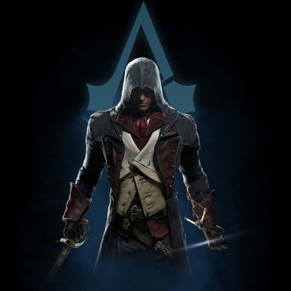 Arno Dorian from Assassin's Creed Unity ready with sword in front of Assassin's Creed emblem background Wallpaper
