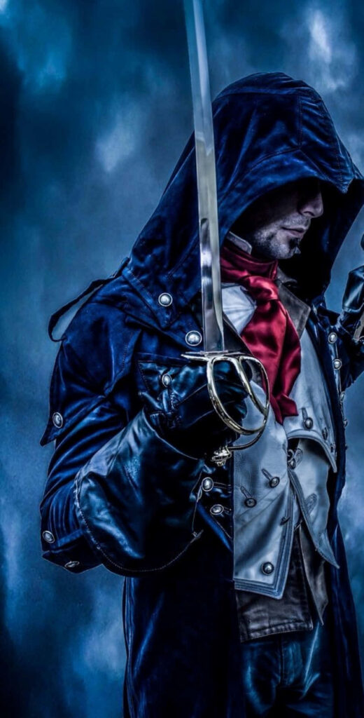 Arno Dorian Assassin's Creed Unity hero in hooded outfit holding sword blue dramatic background Wallpaper