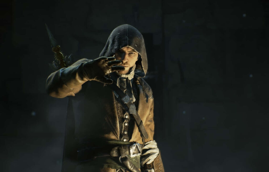 Arno Dorian hooded in shadowy atmosphere ready for action Assassin's Creed Unity wallpaper