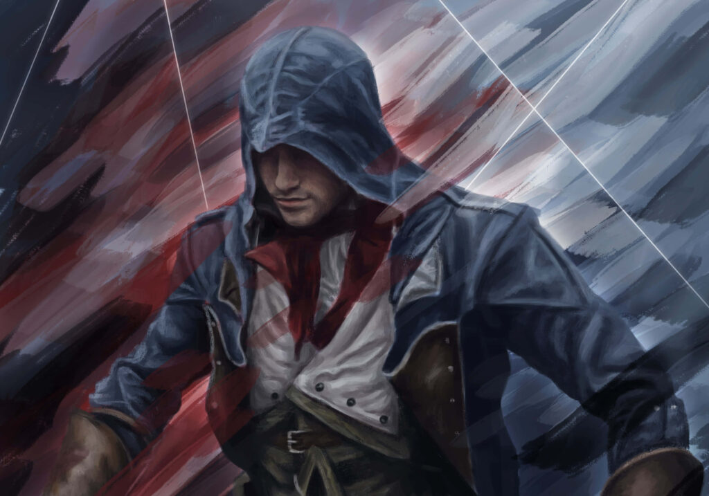 Arno Dorian in hooded Assassin's Creed Unity outfit poised for action dynamic wallpaper background