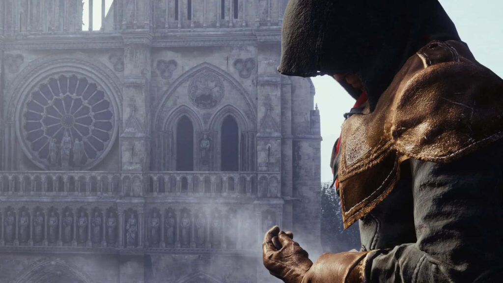 Arno Dorian poised ready for action in front of Notre-Dame Cathedral Assassin's Creed Unity wallpaper