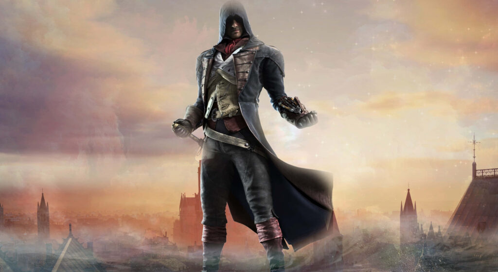 Arno Dorian in Assassin's Creed Unity outfit against dramatic sunset cityscape wallpaper background