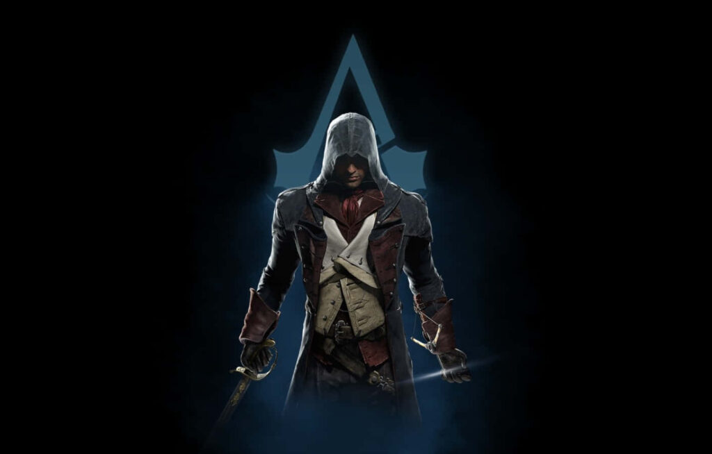 Arno Dorian poised with hidden blade and sword dark Assassin's Creed symbol background wallpaper