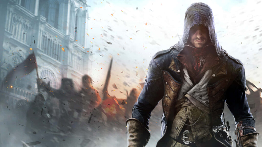 Arno Dorian Assassin's Creed Unity in hooded outfit amid revolutionary chaos wallpaper background