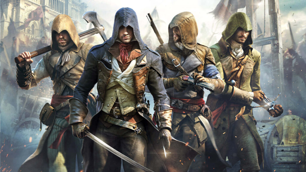 Arno Dorian Master Assassin in French Revolution with fellow assassins dramatic chaotic scene Wallpaper