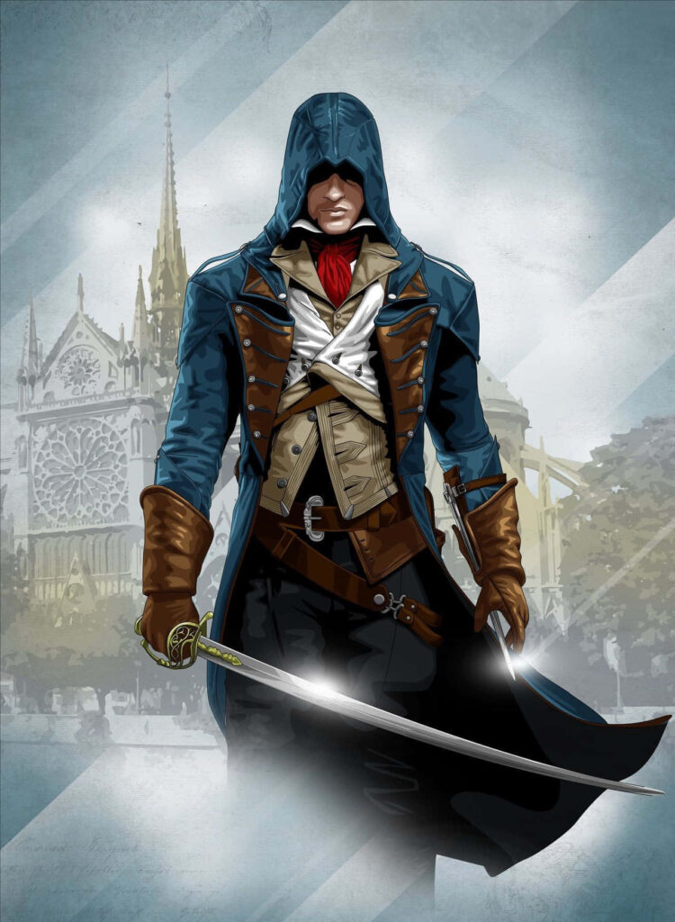 Arno Dorian Master Assassin with drawn sword in front of grand cathedral wallpaper background