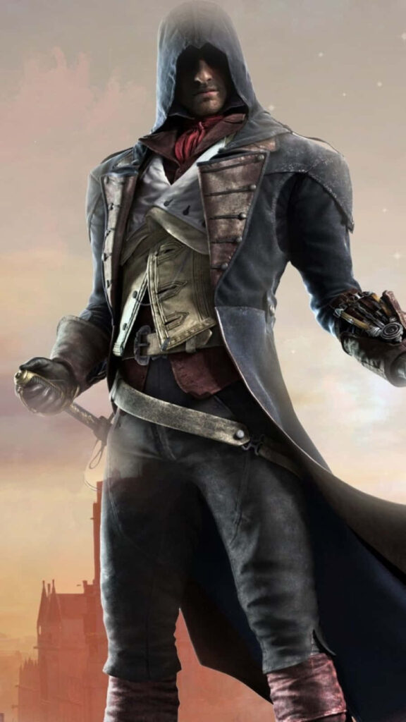 Arno Dorian in Assassin attire stands determined against a misty background wallpaper scene