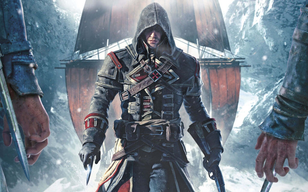 Arno Dorian Master Assassin in snowy French Revolution scene with hood and hidden blades ready Wallpaper