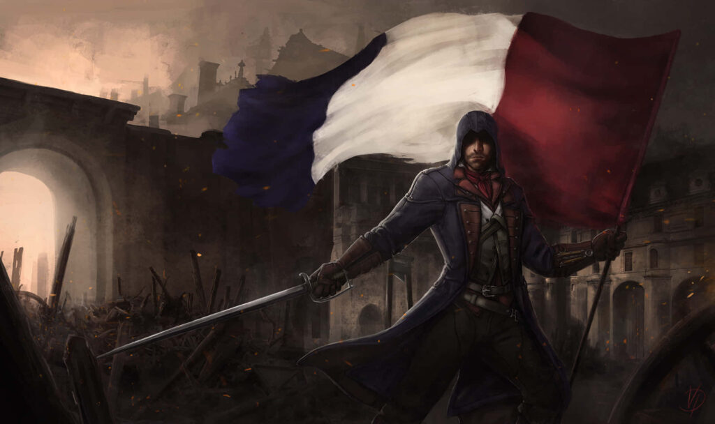Arno Dorian with sword and French flag in ruined city Wallpaper Assassin's Creed Unity revolution