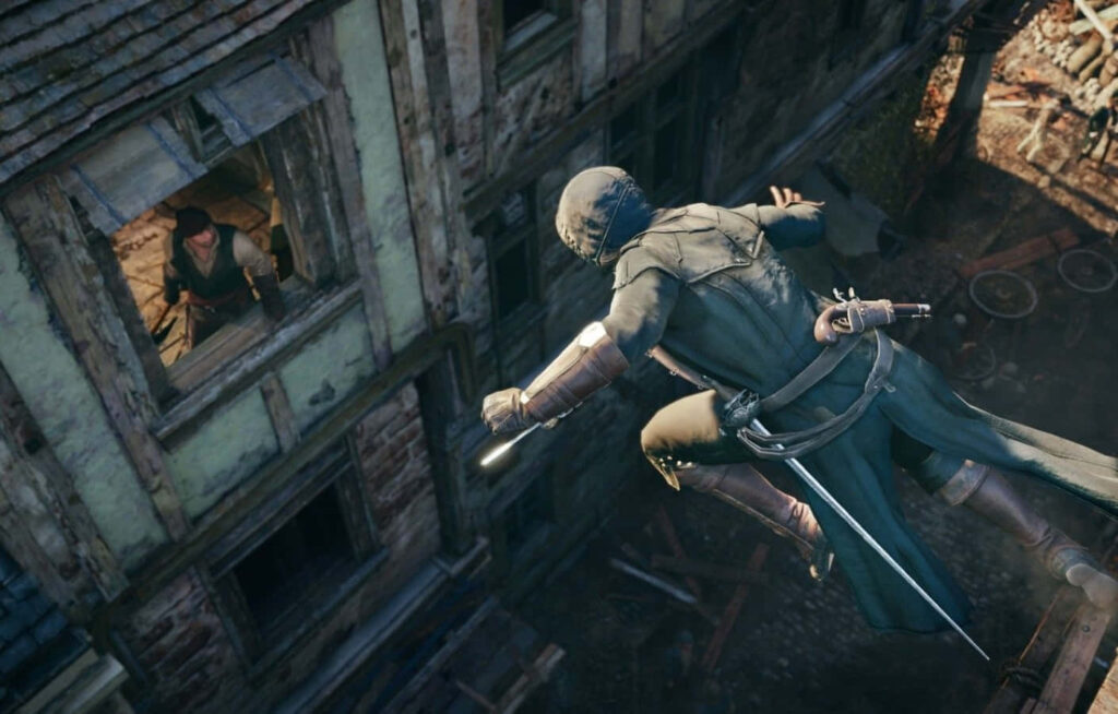 Arno Dorian leaping across Paris rooftops demonstrating agility and stealth Assassin's Creed Unity Wallpaper