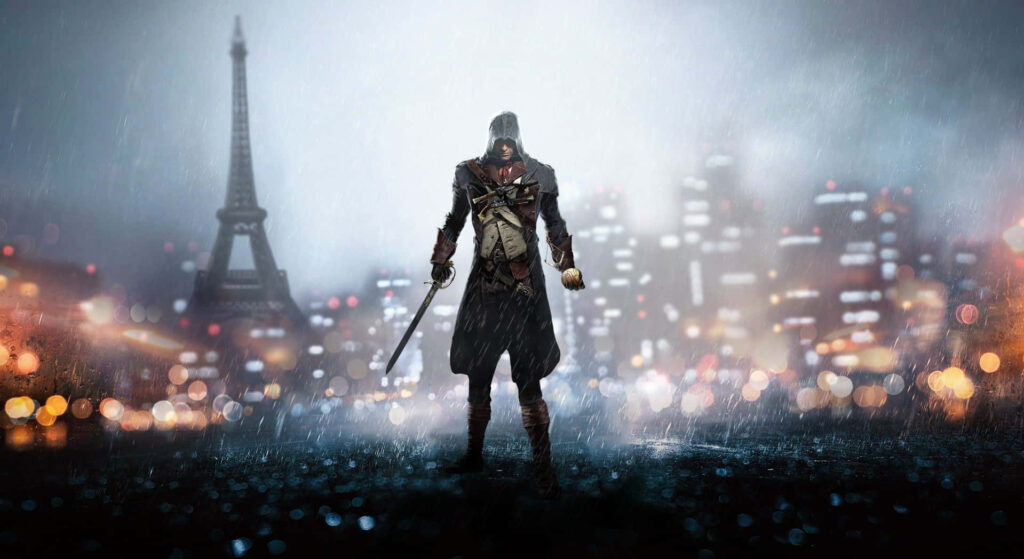Arno Dorian with sword in hand against rainy Paris Eiffel Tower Assassin's Creed Unity background Wallpaper