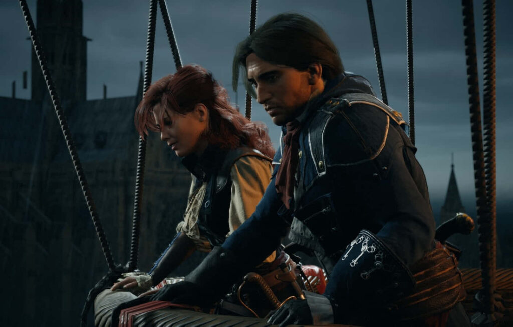 Arno Dorian and red-haired companion in Assassin's Creed Unity rooftop dusk historical Paris wallpaper