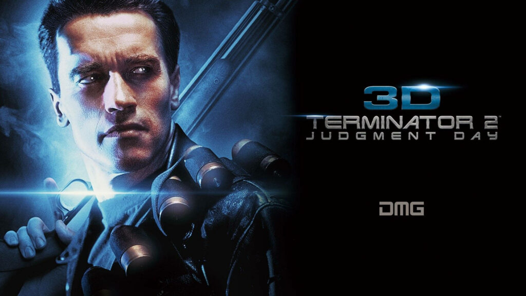 Arnold Schwarzenegger Terminator 2 wallpaper with blue lighting and futuristic sci-fi design background