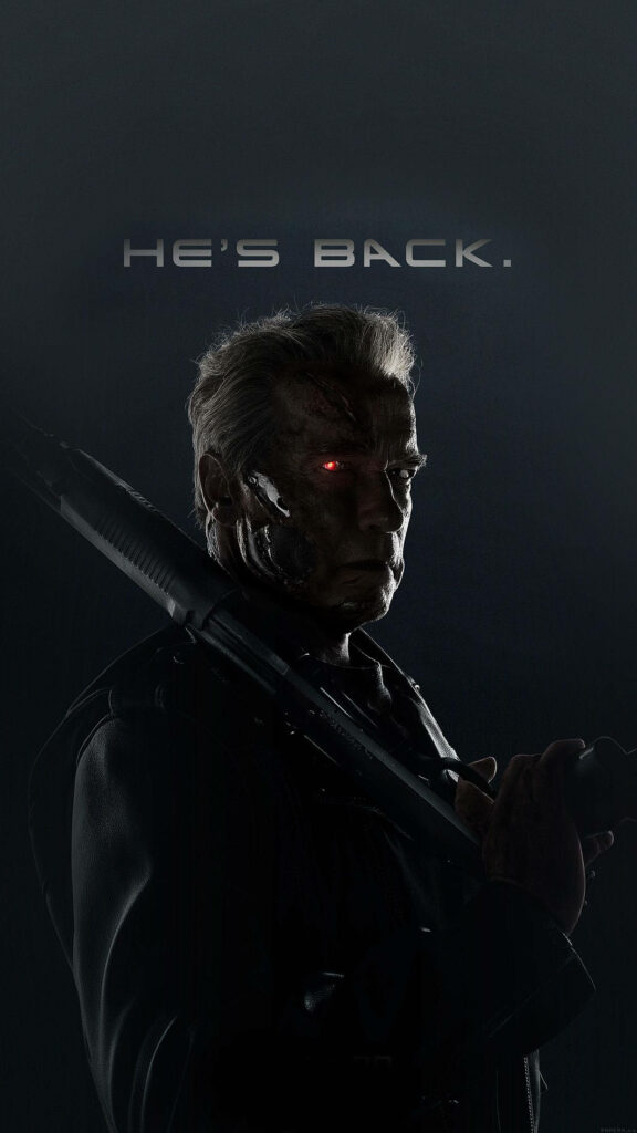 Arnold Schwarzenegger as Terminator with glowing red eye and shotgun dark background wallpaper