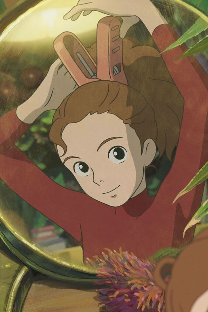 Arrietty adjusting large hair clip with reflection in shiny surface surrounded by lush greenery wallpaper