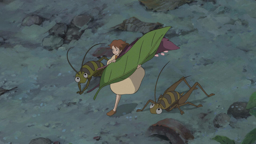 Arrietty carrying large green leaf walking with insects on textured forest floor wallpaper background