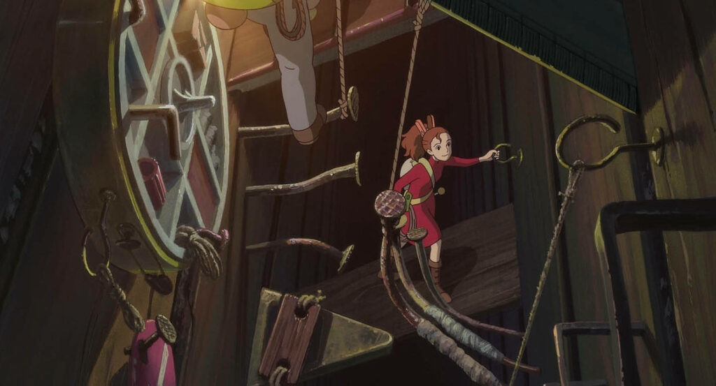 Arrietty climbing wall with hooks and ropes inside cozy home showing adventurous spirit wallpaper