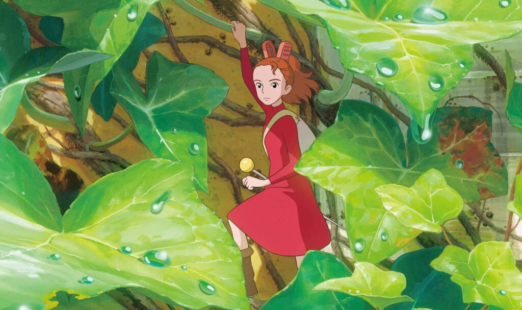 Arrietty exploring oversized green leaves with morning dew inspired by The Secret World of Arrietty Wallpaper