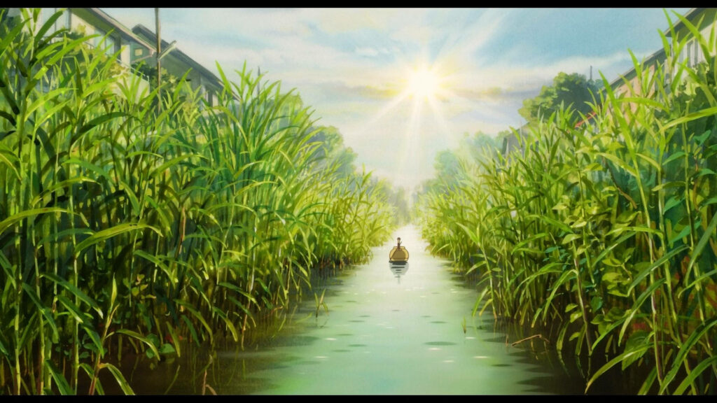 Arrietty small boat gliding through lush green swamp canal golden sunlight wallpaper background