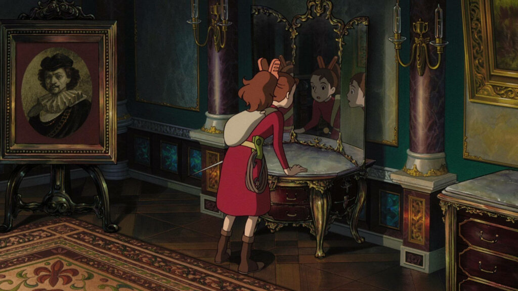 Arrietty in ornate room gazing at mirror reflection detailed whimsical wallpaper background