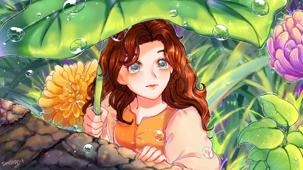 Arrietty under large leaf with vibrant flowers lush greenery and sparkling water droplets wallpaper