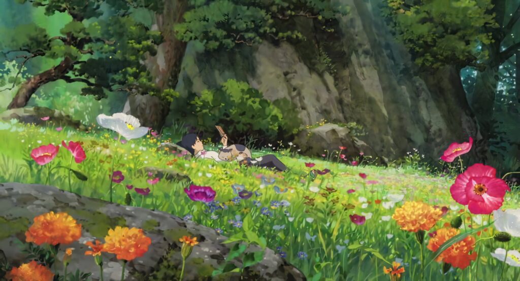 Arrietty family exploring colorful miniature world with vibrant flowers and lush greenery wallpaper