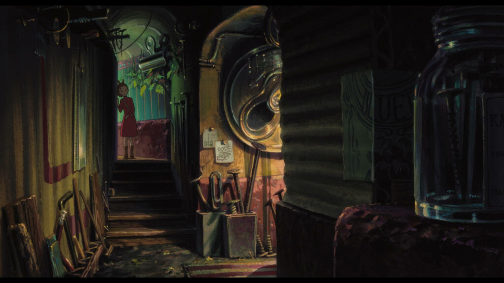 Arrietty in warmly lit hallway with oversized everyday objects Secret World of Arrietty wallpaper