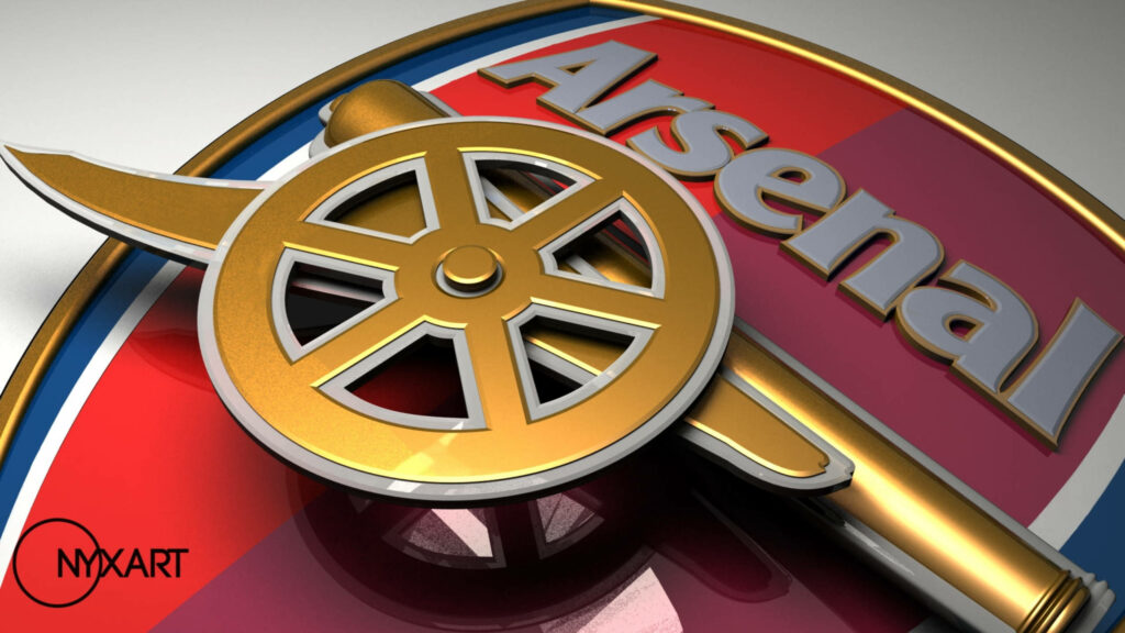 3D Arsenal emblem wallpaper with gold cannon and bold lettering on red and blue background