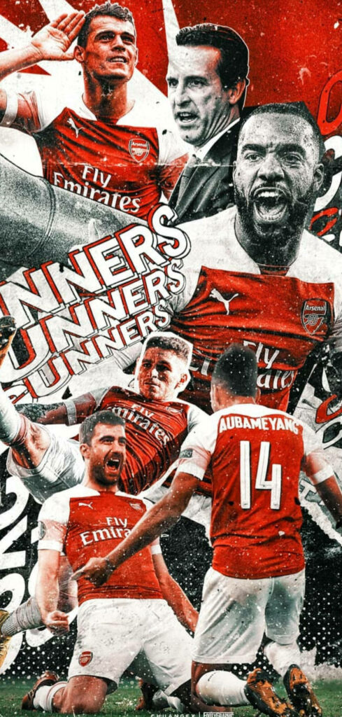 Arsenal FC fan art wallpaper showing iconic players in action with red and white background