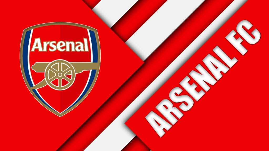 Arsenal FC crest on bold red and white geometric background vibrant digital art wallpaper