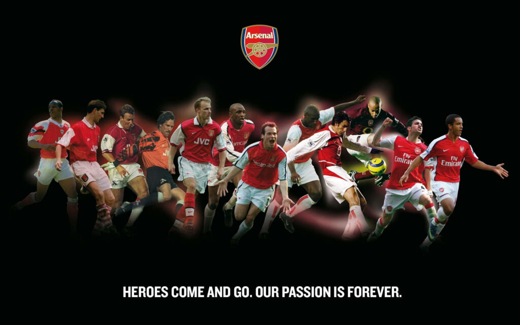 Arsenal legendary players action wallpaper with club logo and inspiring Heroes come and go quote