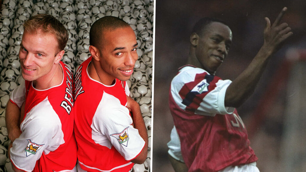 Arsenal legends Dennis Bergkamp Thierry Henry and Ian Wright in iconic football kits wallpaper