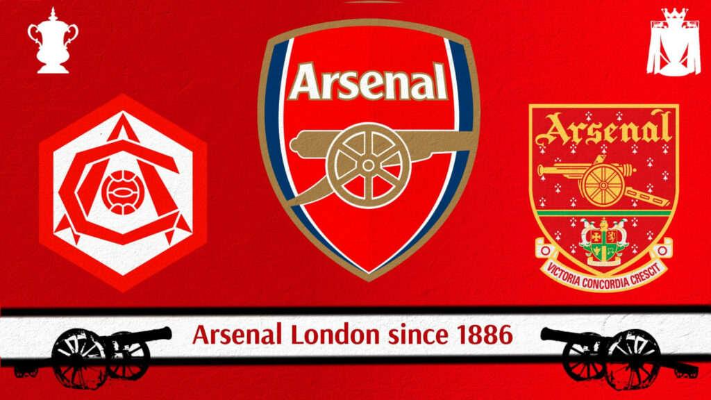 Arsenal logo evolution wallpaper with three historic crests red background cannons text