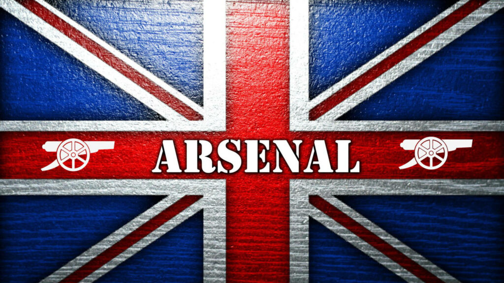 Arsenal logo and name over Union Jack background showcasing English football heritage wallpaper