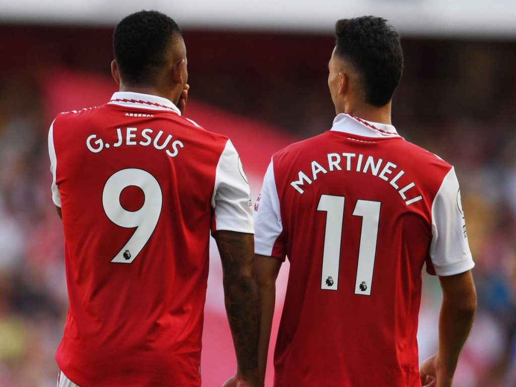 Arsenal stars Gabriel Jesus and Gabriel Martinelli in red white home kits celebrating together Wallpaper