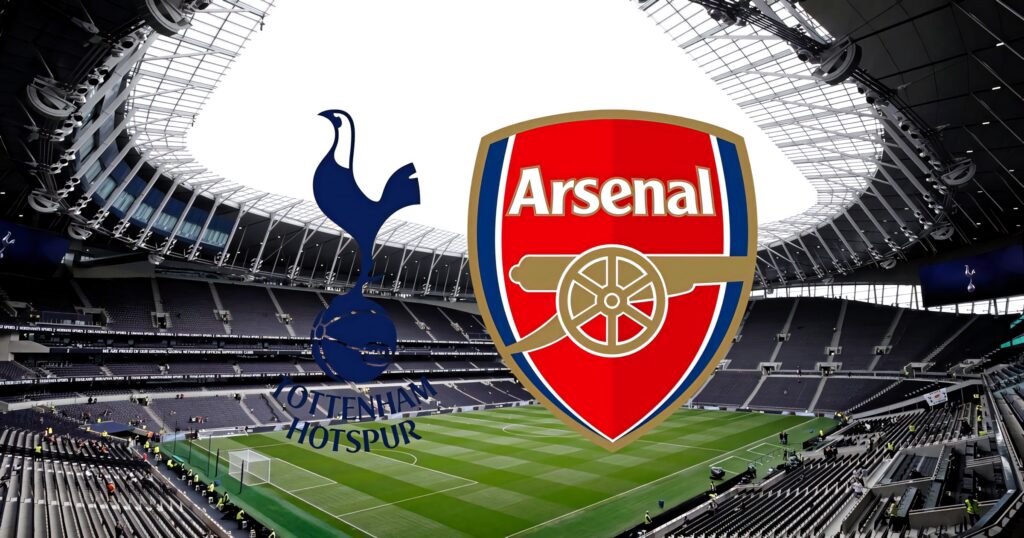 Arsenal and Tottenham Hotspur logos on modern stadium background Premier League rivalry wallpaper